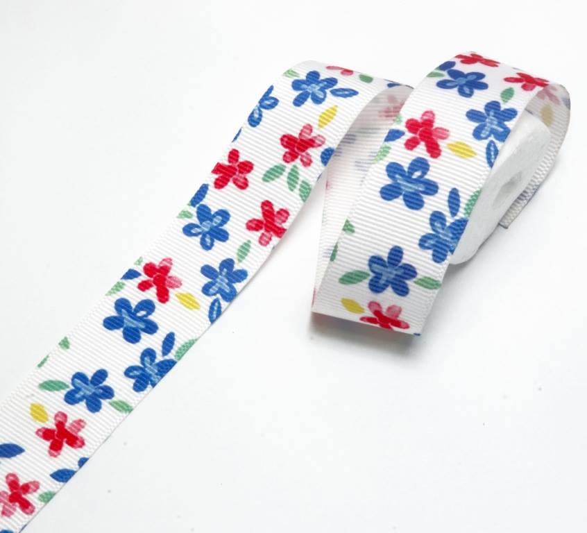 1 Inch Red and Blue Flowers Printed Grosgrain Ribbon - 10 Meters Roll