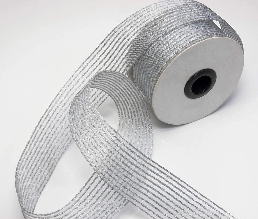1.25 Inch Silver Metallic Stripe Net Gift Wrapping Ribbon - 9 Meters Roll