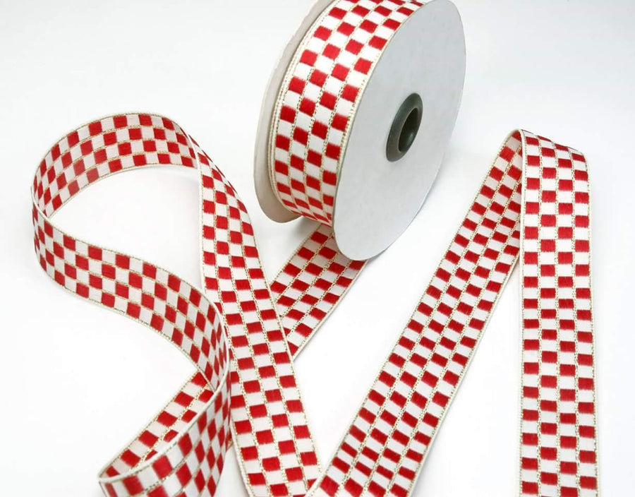 1 Inch Red And White Checks Ribbon With Metallic Trim – 10 Meters Roll