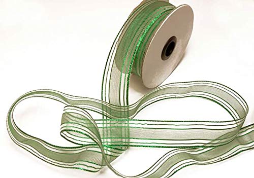 1 Inch Green Metallic Stripe Gift Wrapping Ribbon - 15 Meters Roll