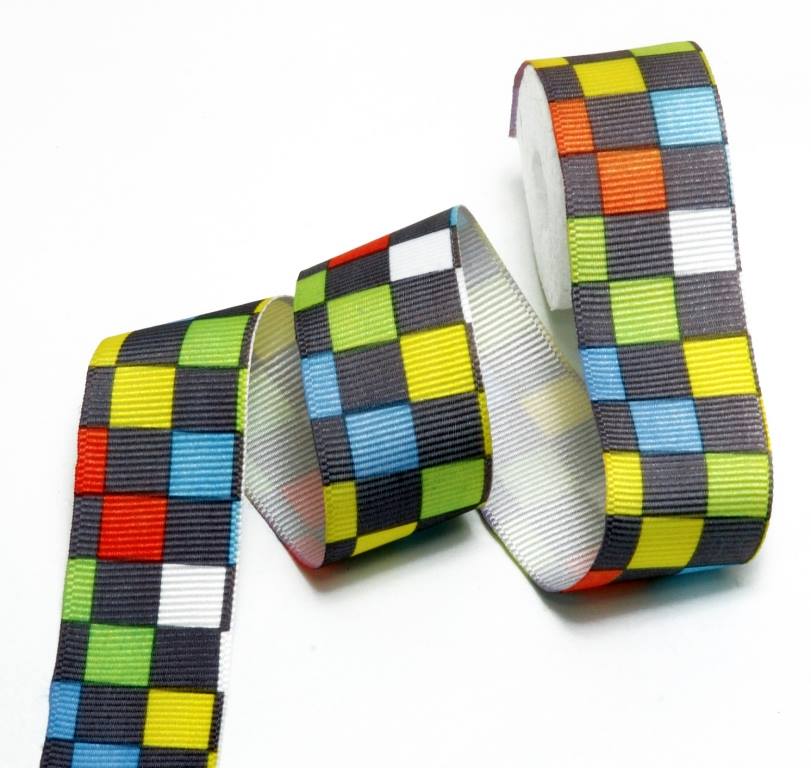 1 Inch Multicolor Checks Printed Grosgrain Ribbon - 10 Meters Roll