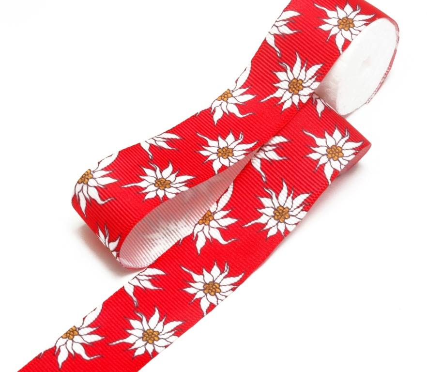 1 Inch Red Floral Printed Grosgrain Ribbon - 10 Meters Roll