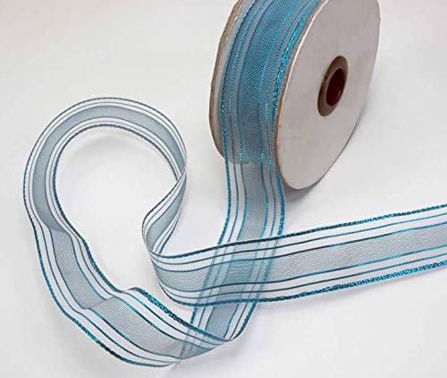 1 Inch Turquoise Blue Metallic Stripe Gift Wrapping Ribbon- 15 Meters Roll