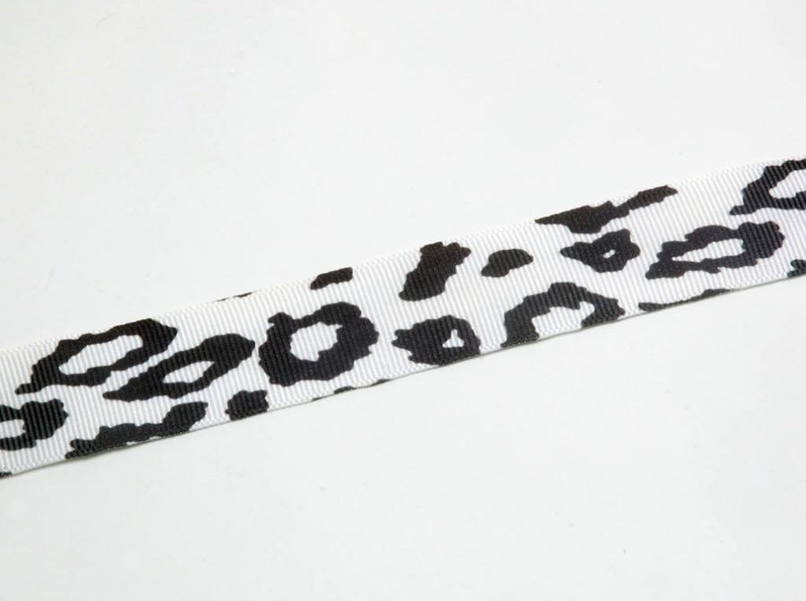 1 Inch White Leopard Printed Grosgrain Ribbon - 10 Meters Roll