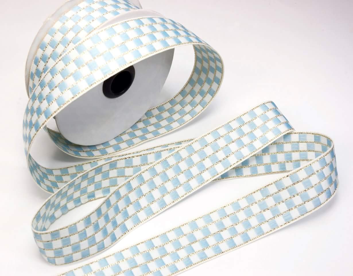 1 Inch Blue and White Checks Ribbon with Metallic Trim - 10 Meters Rol ...