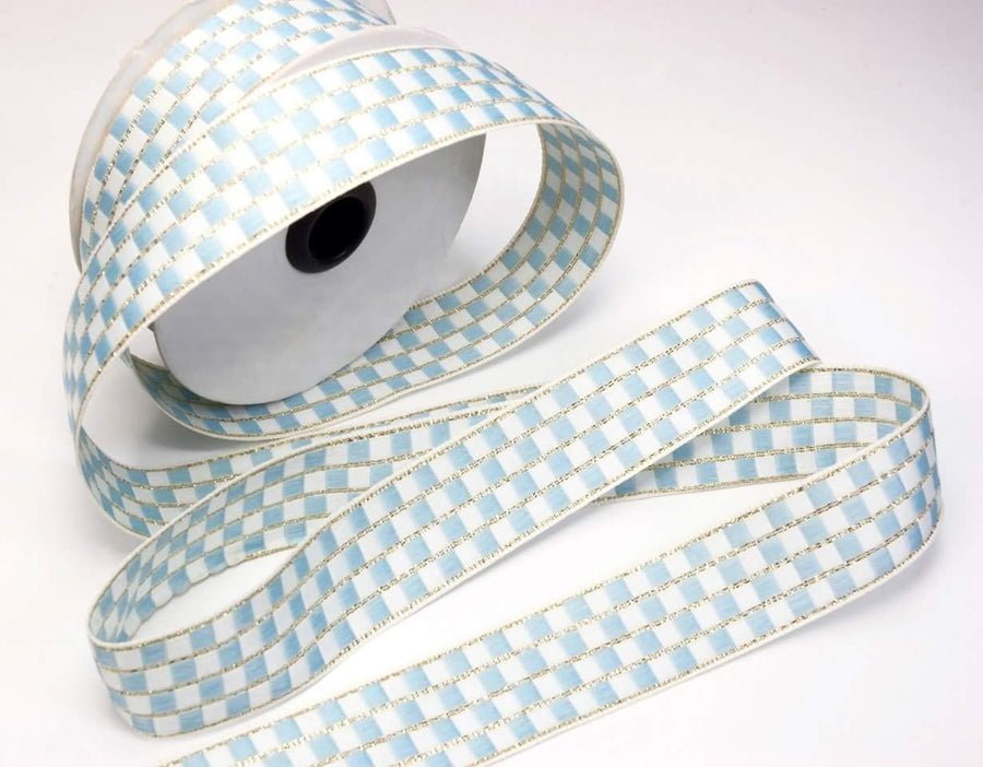 1  Inch Blue and White Checks Ribbon with Metallic Trim - 10 Meters Roll