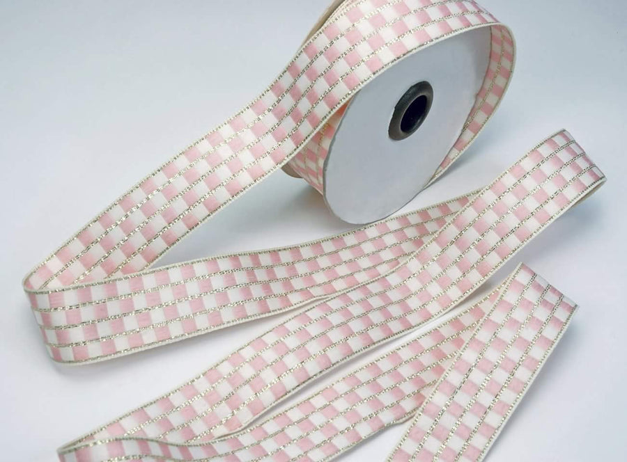 1 Inch Baby Pink And White Checks Ribbon With Metallic Trim – 10 Meters Roll