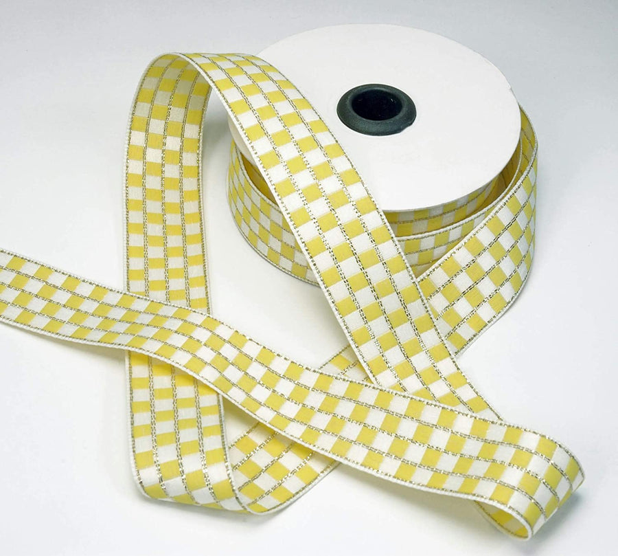 1 Inch Yellow And White Checks Ribbon With Metallic Trim – 10 Meters Roll