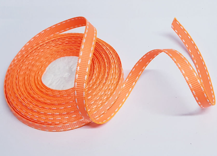 10mm Neon Orange Saddle Stitch Grosgrain Ribbon - 10 Meters Roll