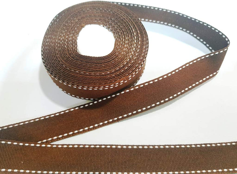 20mm Brown Saddle Stitch Grosgrain Ribbon - 10 Meters Roll